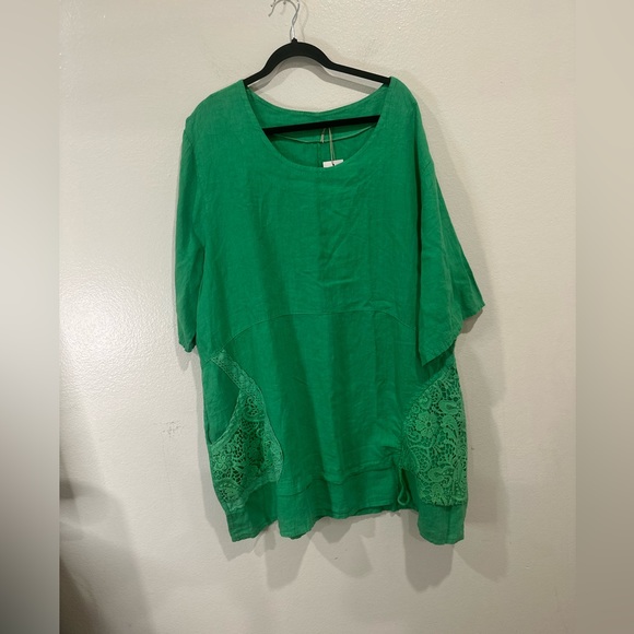 LaBass Tunic  Women Short Sleeve Embroidered Green 100% Linen Italy One Size - Picture 3 of 11